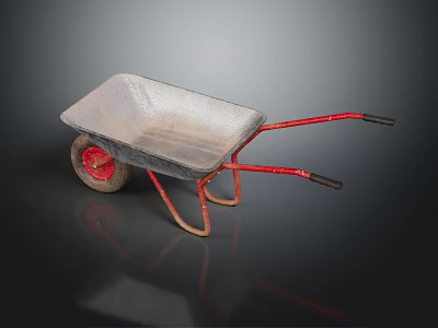 Silver Wheelbarrow With Red Handles Red Wheel And Black Tire On Dark Background 3d model
