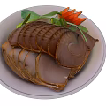 Delicious Sliced Braised Meat Served On White Plate With Green Leaves And Red Carrot Strips