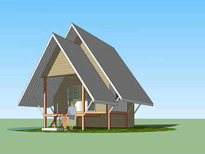 Single Family Detached House With Gabled Gray Roof Wooden Porch And Green Lawn 3d model