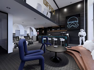 Modern Hotel Lobby With Blue Chairs Round Table Bar Counter Brown Sofa And Neon Sign 3d model