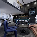 Modern Hotel Lobby With Blue Chairs Round Table Bar Counter Brown Sofa And Neon Sign