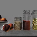 Airtight Glass Spice Jars Holding Spices on Kitchen Countertop by Fresh Peaches in White Bowl