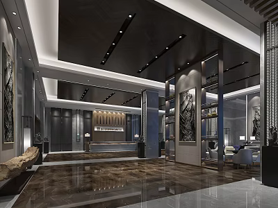 Modern Hotel Reception Lobby Interior with Elegant Design Marble Flooring and Art Paintings 3d model