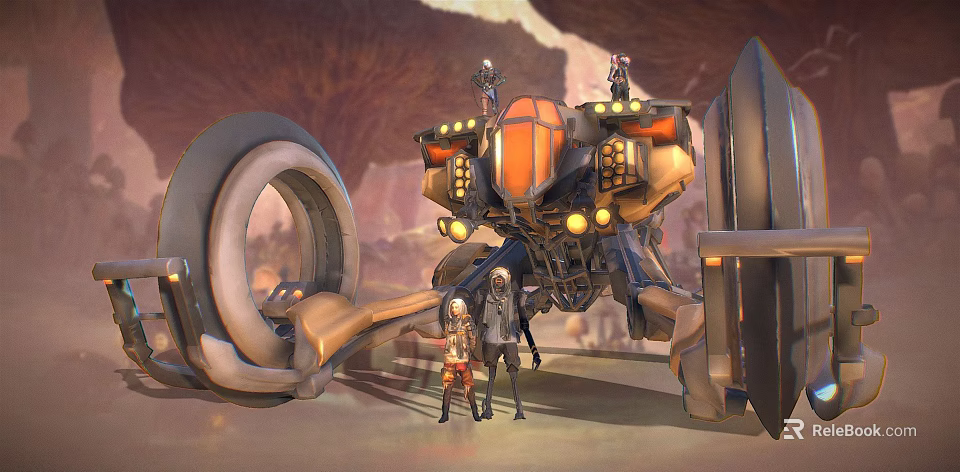 Futuristic Mechanical Weapon With Large Circular Frame Orange Accents And Bright Illuminated Lights 3d model 