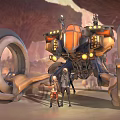 Futuristic Mechanical Weapon With Large Circular Frame Orange Accents And Bright Illuminated Lights