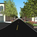 Residential Street With Tree Lined Sides Flower Beds And White Buildings Under Blue Sky
