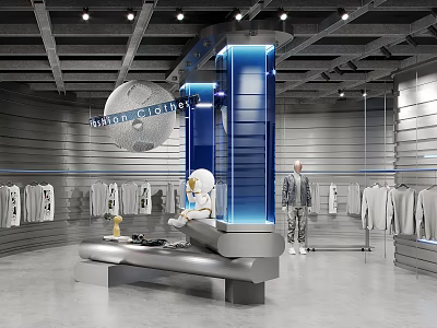 Modern Clothing Store With Robot Display Mannequins Clothes On Racks And Blue Lighting 3d model