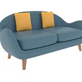 Modern Blue Two Seater Sofa With Yellow Cushions And Wooden Legs