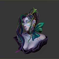3D Female Bust Sculpture With Green Blue Hair Gold Star Headpiece And Blue Face Markings