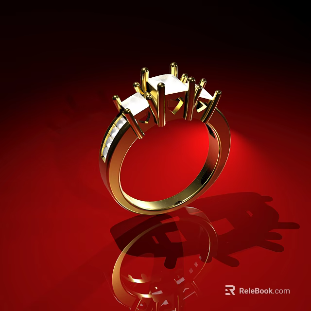 Gold Diamond Ring Featuring Claw Setting Center Stone On Red Background With Reflection 3d model 