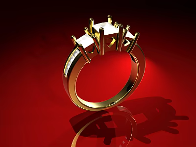 Gold Diamond Ring Featuring Claw Setting Center Stone On Red Background With Reflection 3d model