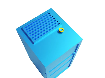 Blue Cube Shaped Equipment With Yellow Knob And Top Ventilation Slots 3d model