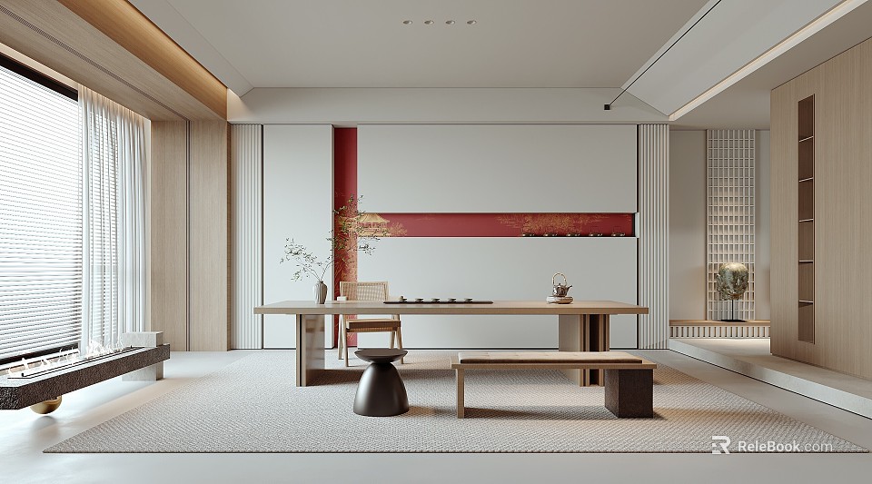 Minimalist Japanese Tea Room Interior With Wooden Table Cushions And Natural Lighting 3d model 