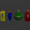 Four Colorful Glass Bottles with Cork Stoppers for Decorative Household Use