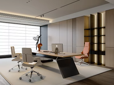 Modern Office Interior Design With Spacious Desk Ergonomic Chairs And Large Window 3d model