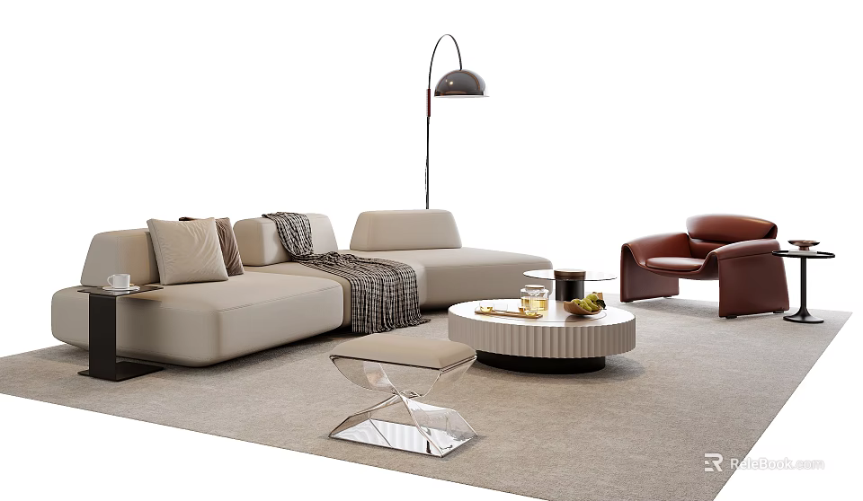 Beige Modern Sofa and Coffee Table Set with Plush Cushions Checkered Throw Round Textured Top 3d model 