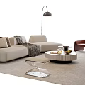 Beige Modern Sofa and Coffee Table Set with Plush Cushions Checkered Throw Round Textured Top