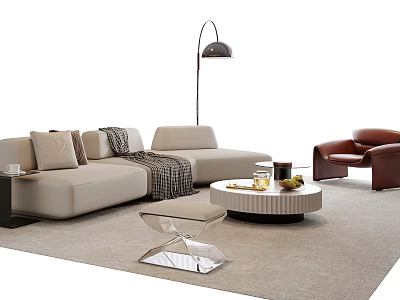 Beige Modern Sofa and Coffee Table Set with Plush Cushions Checkered Throw Round Textured Top 3d model