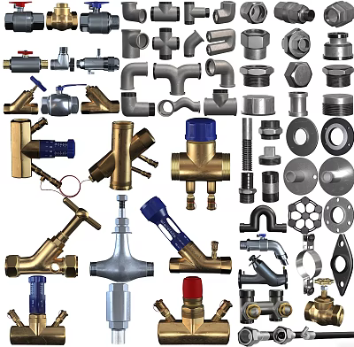 Assorted Industrial Pipe Fittings Including Valves Metal Connectors And Plumbing Parts 3d model