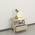 Light Colored Minimalist Bedside Table With Green Table Lamp Open Drawer And Magazine 3d model