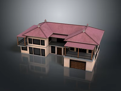 Cartoon Style House Model With Red Roof Beige Walls Balconies And Garage Door 3d model