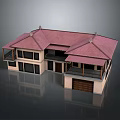 Cartoon Style House Model With Red Roof Beige Walls Balconies And Garage Door