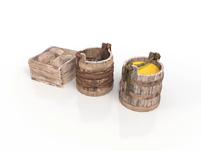 Rope Bound Wooden Barrels And Open Box With Yellow Liquid Inside 3d model