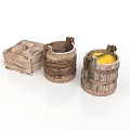 Rope Bound Wooden Barrels And Open Box With Yellow Liquid Inside