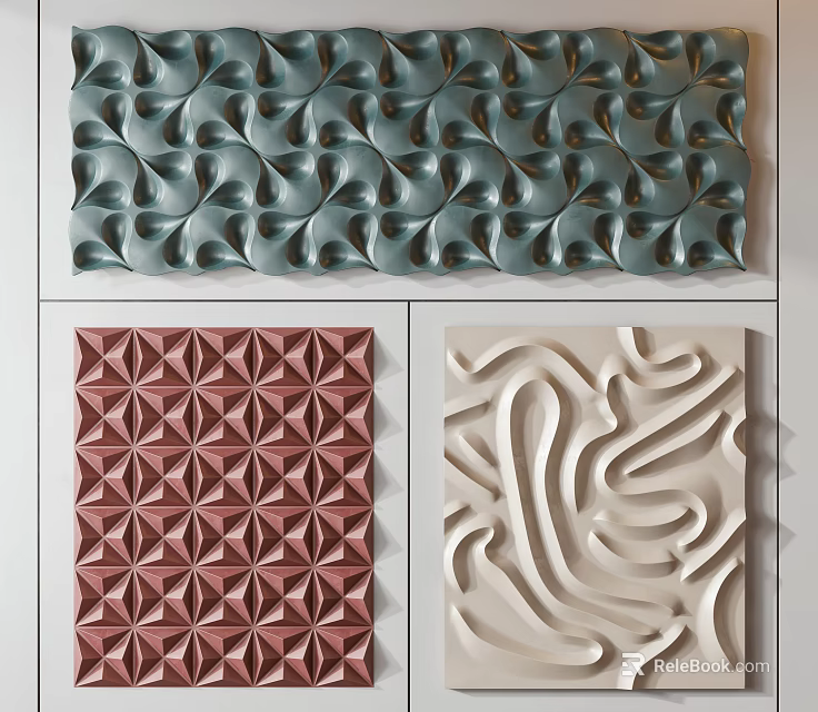 Wall Decor with Green Wavy Red Geometric and Beige Curved Patterns for Home Interior 3d model 