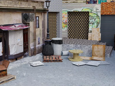 Vintage Commercial Street With Graffiti Art Colorful Buildings Awning And Roller Shutter 3d model