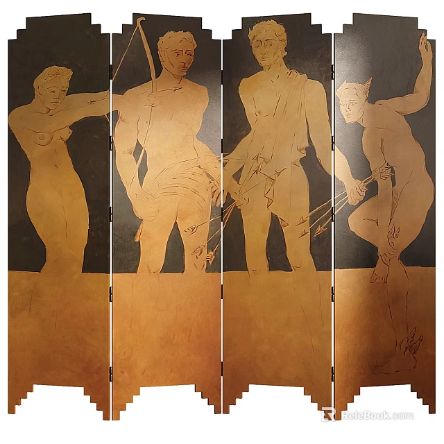 Artistic Four Panel Screen With Figures In Various Poses Holding Bows And Arrows 3d model 