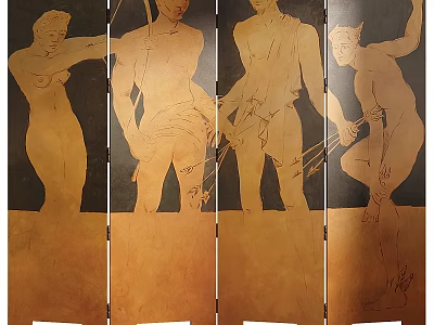 Artistic Four Panel Screen With Figures In Various Poses Holding Bows And Arrows 3d model