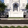 Twin Villa with White Exterior European Style Arched Doorway Wrought Iron Gates and Palm Trees