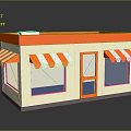 Small Retail Building with Orange Roof White and Orange Striped Awnings Windows and Door