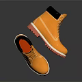 Yellow Boots With Red Soles And Laces On Dark Background With Reflections