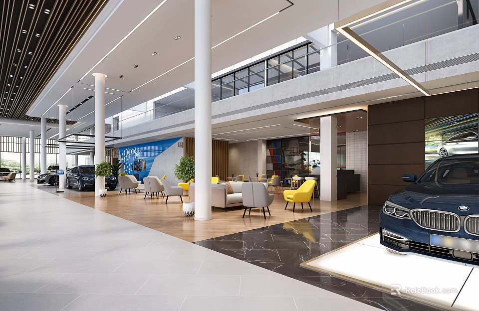 Modern Car Showroom Interior With Luxury Cars Sofas And Large Windows Columns 3d model 