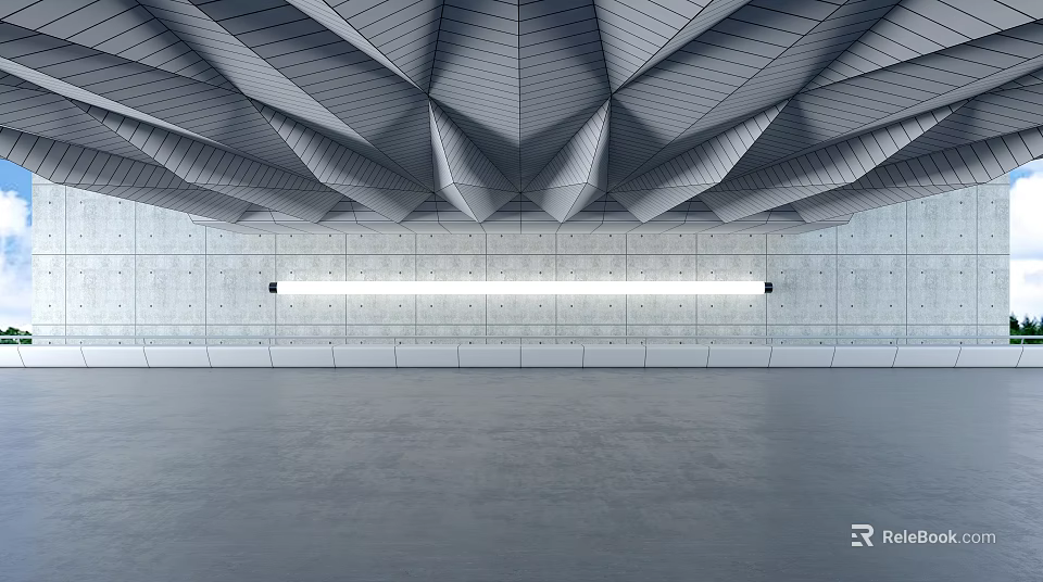 Minimalist Spacious Interior With Geometric Ceiling Concrete Walls And Linear Light Fixture 3d model 