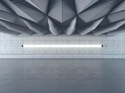 Minimalist Spacious Interior With Geometric Ceiling Concrete Walls And Linear Light Fixture 3d model