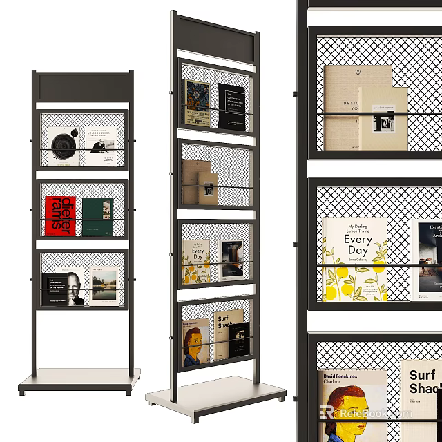 Contemporary Books and Magazines Arranged on Metal Grid Shelves with Various Covers 3d model 