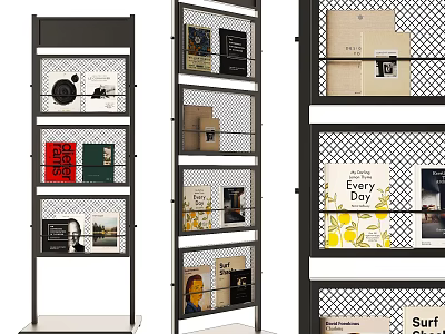 Contemporary Books and Magazines Arranged on Metal Grid Shelves with Various Covers 3d model