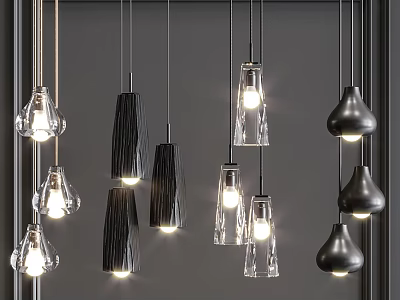 Modern Pendant Lights With Glass And Matte Black Designs Illuminating Grey Background 3d model