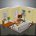 Cozy Living Room Interior With Yellow Walls Wooden Floor Geometric Rug White Sofa And Plants