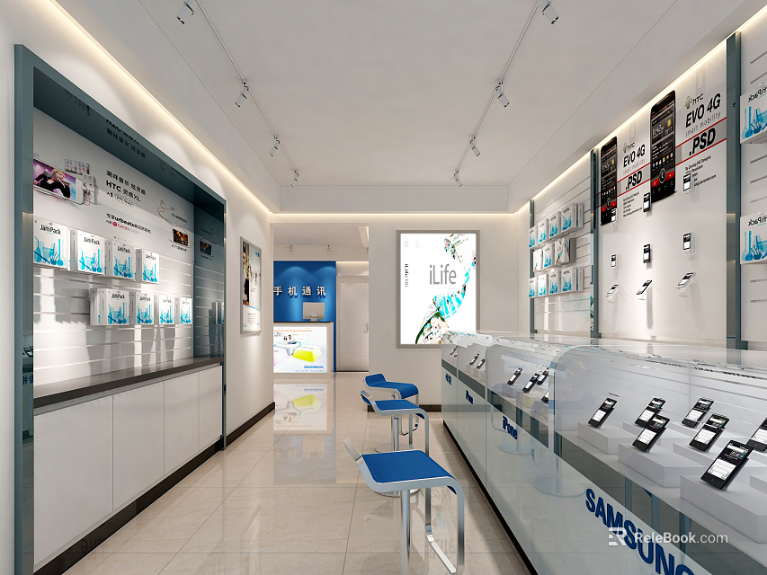 Modern Digital Store Interior With Samsung Smartphones On Display Cases And Seating Area 3d model 