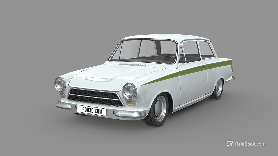 Classic White Vintage Sedan With Green Stripe And Retro Exterior Design 3d model 