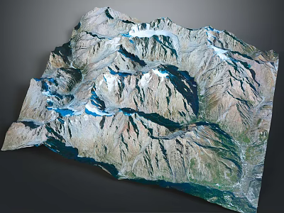 Highly Detailed 3D Terrain Model of Mountain Range Featuring Snow Capped Peaks and Valleys 3d model