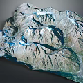 Highly Detailed 3D Terrain Model of Mountain Range Featuring Snow Capped Peaks and Valleys