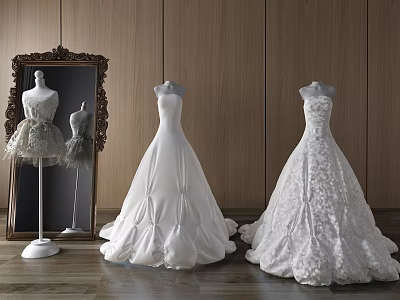White Wedding Gowns On Mannequins With Lace And Satin Details Near Mirror 3d model