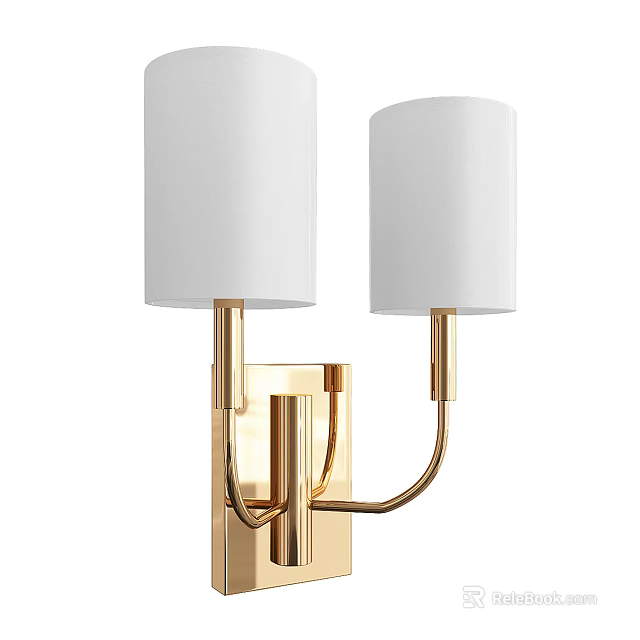 Modern Gold Wall Lamp With White Fabric Shades And Double Arm Design 3d model 
