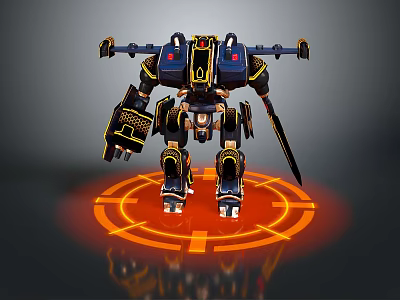 Black and Yellow Mechanical Robot With Sword Weapon Standing On Orange Circular Glowing Platform 3d model