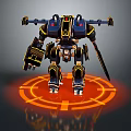 Black and Yellow Mechanical Robot With Sword Weapon Standing On Orange Circular Glowing Platform